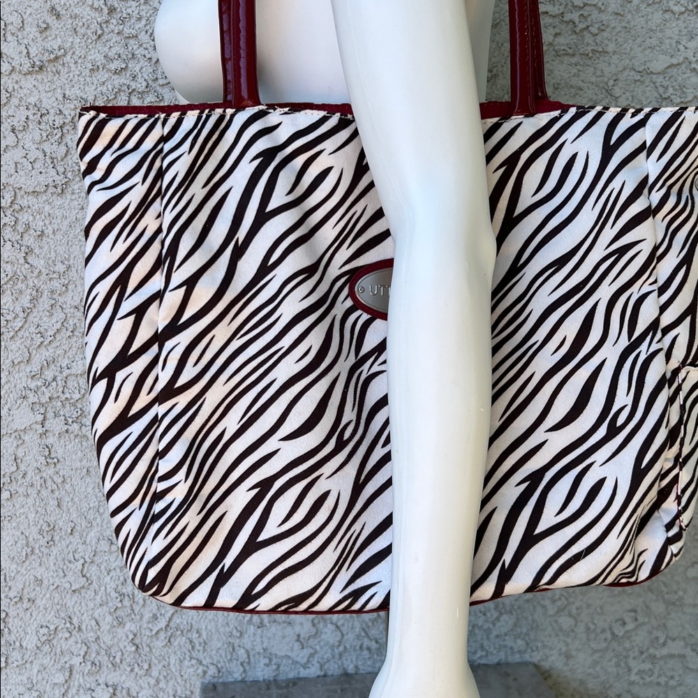 Uttermost Stylish Zebra Animal Print Black and White Suede Tote Bag Red Accents